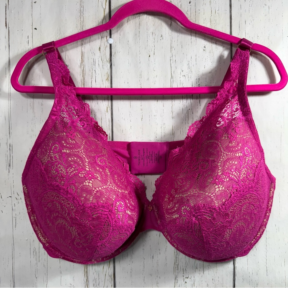 ThirdLove Lace Contour Plunge Bra Pink Over Beige Lace Coquette Underwire Padded - Picture 4 of 13